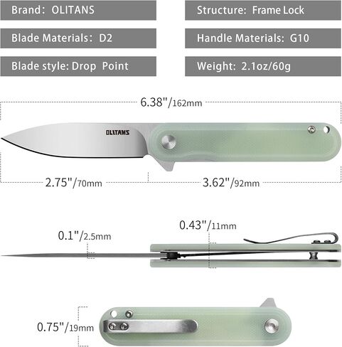 OLITANS G040 Pocket Knife, 2.75'' D2 Steel Blade G10 handle, Small EDC Knife with Pocket Clip for Men Women, 2.1oz in Saudi Arabia