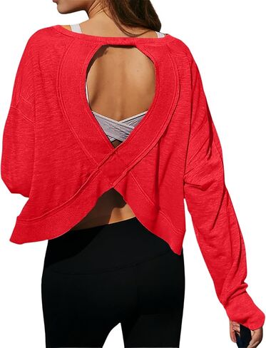 Open Back Workout Tops for Women Long Sleeve Casual Crop Athletic Shirts 100% Cotton Gym Yoga Backless Oversize Tops in Saudi Arabia