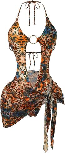 Milumia Women's Leopard Print Ring Linked One Piece Monokini Swimsuits with Cover Up Skirts in Saudi Arabia