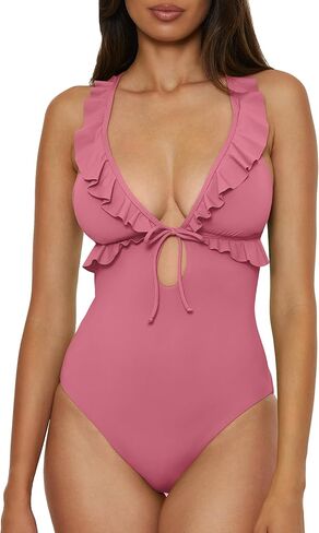 Lucky Brand Women's Sea of Love Ruffle One Piece Swimsuit, Plunge Neck, Bathing Suits for Women in Saudi Arabia