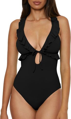 Lucky Brand Women's Sea of Love Ruffle One Piece Swimsuit, Plunge Neck, Bathing Suits for Women in Saudi Arabia