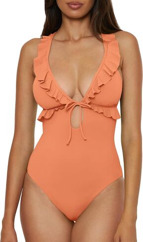 Lucky Brand Women's Sea of Love Ruffle One Piece Swimsuit, Plunge Neck, Bathing Suits for Women in Saudi Arabia