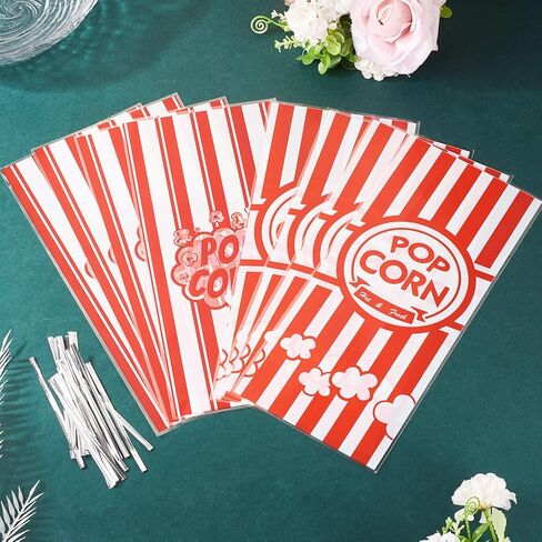 100pcs Popcorn Plastic Bags Circus Carnival Party Goodie Bags Bulk for Carnival Movie Night Theater Party Supplies,Red, 27.3x12.4x0.002cm in Saudi Arabia
