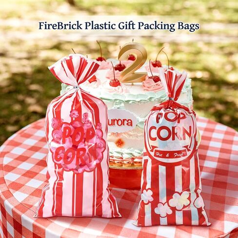 100pcs Popcorn Plastic Bags Circus Carnival Party Goodie Bags Bulk for Carnival Movie Night Theater Party Supplies,Red, 27.3x12.4x0.002cm in Saudi Arabia