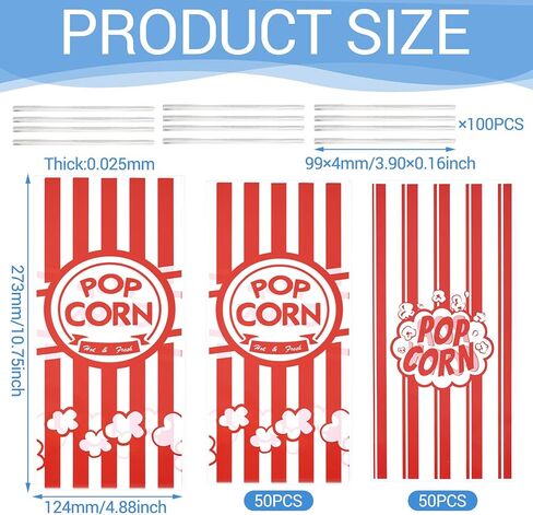 100pcs Popcorn Plastic Bags Circus Carnival Party Goodie Bags Bulk for Carnival Movie Night Theater Party Supplies,Red, 27.3x12.4x0.002cm in Saudi Arabia
