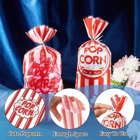100pcs Popcorn Plastic Bags Circus Carnival Party Goodie Bags Bulk for Carnival Movie Night Theater Party Supplies,Red, 27.3x12.4x0.002cm in Saudi Arabia