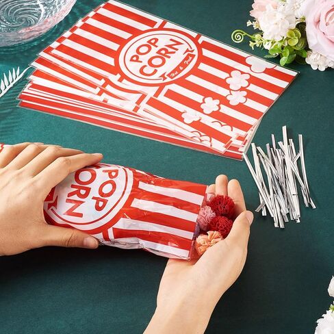 100pcs Popcorn Plastic Bags Circus Carnival Party Goodie Bags Bulk for Carnival Movie Night Theater Party Supplies,Red, 27.3x12.4x0.002cm in Saudi Arabia