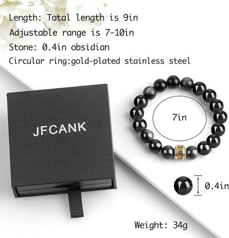 Tigers Eye Black Obsidian Beaded Bracelet for Men Women,10mm Adjustable Natural Stone Bead bracelet with Gold Plated Stainless Steel Accent, Minimalist Jewelry For Daily Wear, Gift for Men Women, Birthday Or Valentine's Day in Saudi Arabia