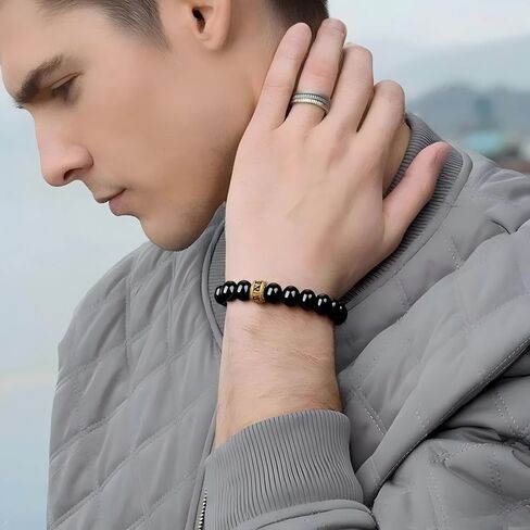 Tigers Eye Black Obsidian Beaded Bracelet for Men Women,10mm Adjustable Natural Stone Bead bracelet with Gold Plated Stainless Steel Accent, Minimalist Jewelry For Daily Wear, Gift for Men Women, Birthday Or Valentine's Day in Saudi Arabia