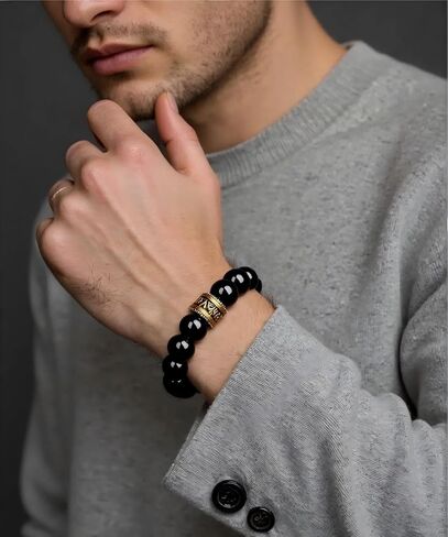 Tigers Eye Black Obsidian Beaded Bracelet for Men Women,10mm Adjustable Natural Stone Bead bracelet with Gold Plated Stainless Steel Accent, Minimalist Jewelry For Daily Wear, Gift for Men Women, Birthday Or Valentine's Day in Saudi Arabia
