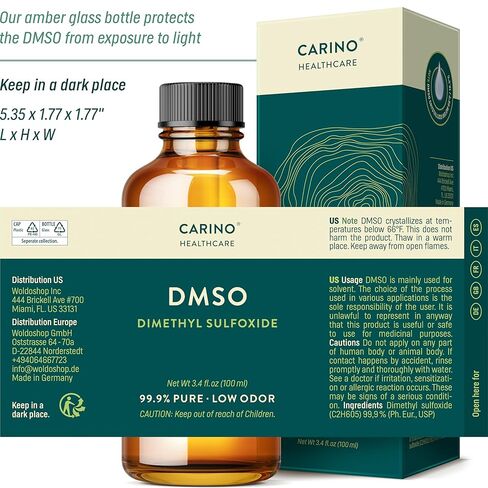 كارينو هيلث كير DMSO 99.9% درجة صيدلانية - ثنائي ميثيل سلفوكسيد معتمد من FT-IR في زجاجة كهرمان زجاجية مع ماصة وغطاء قطارة 3.38 أونصة in Saudi Arabia