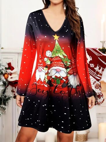 Women's Christmas Dresses Long Sleeve V Neck Flowy A-Line Casual Holiday Party Dresses in Saudi Arabia
