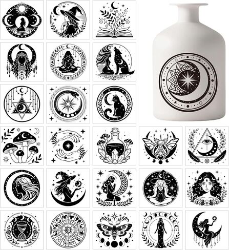 GLOBLELAND 25 Sheets Sun Moon Silhouette Mason Jar Decals Stickers Leaves Plastic Silhouette Wall Decal Sticker Adhesive Lantern Jar Stickers Window Lamp Decals Glass Art Mural Home Decor in Saudi Arabia