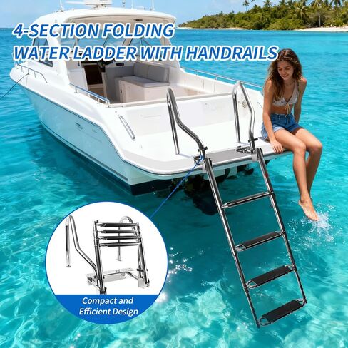 4-Step Pontoon Boat Ladder - Heavy Duty 316 Stainless Steel Telescoping Dock Ladder with Wider Handrails & Pedals, 600lb Capacity Anti-Slip Steps for Boats, Docks & Swimming Pools in Saudi Arabia