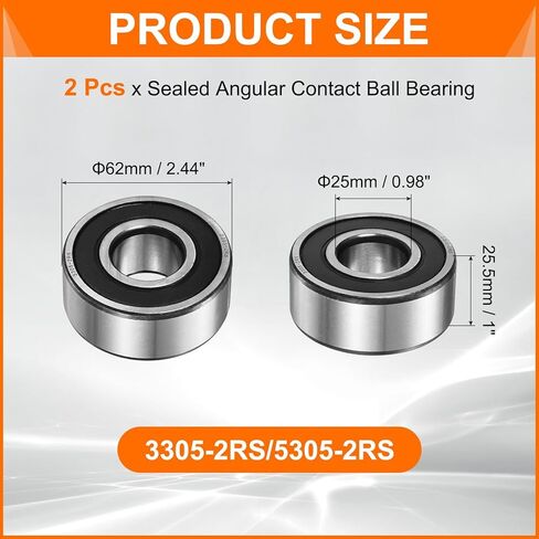 uxcell 2 قطعة 3305-2RS/5305-2RS محمل كروي ذو صف مزدوج مختوم، 25 × 62 × 25.5 مم محامل كروية للمحرك الكهربائي والمضخات والضاغط والآلات الزراعية in Kuwait