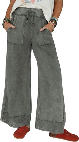 Athlisan Womens Casual Wide Leg Sweatpants Acid Wash Elastic Waisted Palazzo Pants Trousers with Pockets in Saudi Arabia