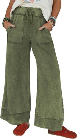Athlisan Womens Casual Wide Leg Sweatpants Acid Wash Elastic Waisted Palazzo Pants Trousers with Pockets in Saudi Arabia