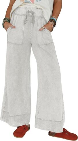 Athlisan Womens Casual Wide Leg Sweatpants Acid Wash Elastic Waisted Palazzo Pants Trousers with Pockets in Saudi Arabia