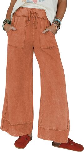 Athlisan Womens Casual Wide Leg Sweatpants Acid Wash Elastic Waisted Palazzo Pants Trousers with Pockets in Saudi Arabia