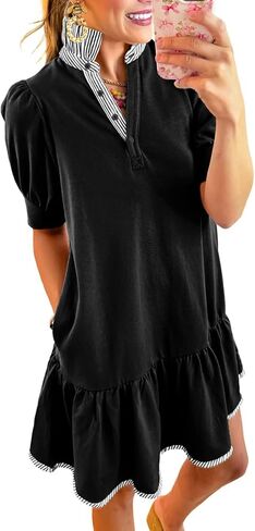 Dokotoo Womens Summer Dresses Stand Collar V Neck Short Sleeve Casual Babydoll Mini Dress in Saudi Arabia