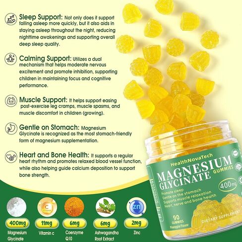 Magnesium Glycinate Gummies 400mg with Ashwagandha, CoQ10, Zinc & Vitamin C - Women Men Adults & Kids 4+ - Sugar Free Vegan Gummies for Sleep, Relaxation & Stress Relief-Pineapple Flavor, 90 Count in Saudi Arabia