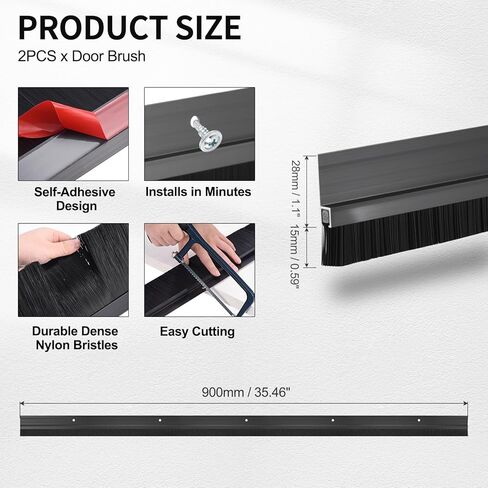 Door Brush Bottom Sweep-2 Pack Weather Stripping with 0.59 Inch Black Nylon Brush Fits for Exterior Doors and Industrial Use-1.1" Wide x 35.46" Long Aluminum Alloy Base-Black in Saudi Arabia