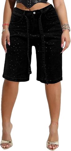 Women's Rhinestone Denim Shorts Casual Stretchy High Waisted Bermuda Jean Shorts with Belt Y2K Streetwear in Saudi Arabia