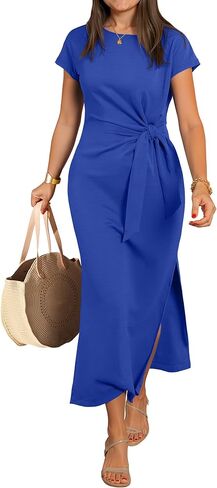 ANRABESS Womens Summer Maxi Dress Casual Crew Neck Tie Waist Split Wrinkle-Free Fit Long Fashion Vacation Dresses 2026 Spring in Kuwait