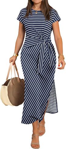 ANRABESS Womens Summer Maxi Dress Casual Crew Neck Tie Waist Split Wrinkle-Free Fit Long Fashion Vacation Dresses 2026 Spring in Kuwait