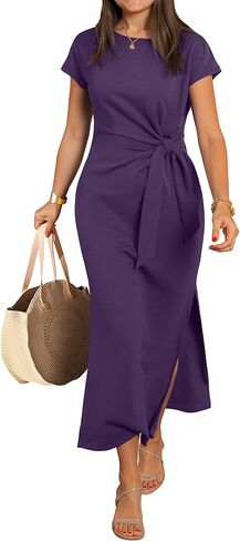 ANRABESS Womens Summer Maxi Dress Casual Crew Neck Tie Waist Split Wrinkle-Free Fit Long Fashion Vacation Dresses 2026 Spring in Kuwait