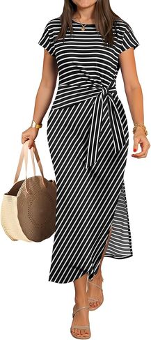 ANRABESS Womens Summer Maxi Dress Casual Crew Neck Tie Waist Split Wrinkle-Free Fit Long Fashion Vacation Dresses 2026 Spring in Kuwait