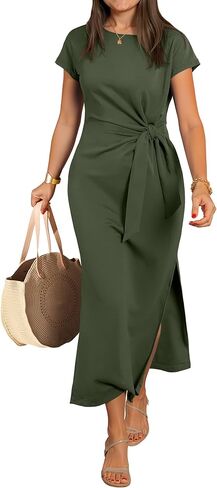 ANRABESS Womens Summer Maxi Dress Casual Crew Neck Tie Waist Split Wrinkle-Free Fit Long Fashion Vacation Dresses 2026 Spring in Kuwait