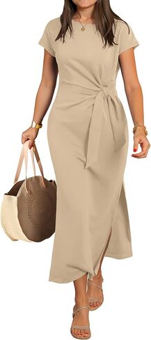 ANRABESS Womens Summer Maxi Dress Casual Crew Neck Tie Waist Split Wrinkle-Free Fit Long Fashion Vacation Dresses 2026 Spring in Kuwait
