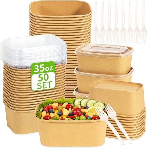 50-Pack 30oz Disposable Meal Prep Containers【with Lids and Forks】, Compostable Kraft Paper Bowls To Go Food Containers, Microwave & Freezer Safe for Hot & Cold Foods in Saudi Arabia