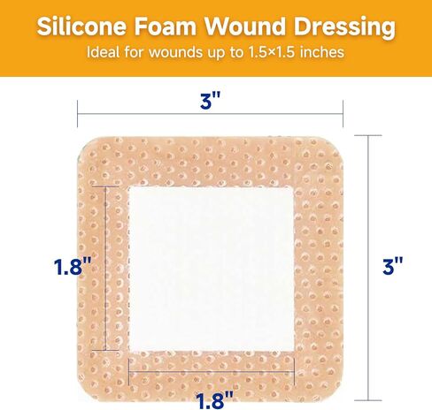 ضمادة إسفنجية من السيليكون مع لاصق حدودي، ضمادات معقمة للجروح، تضميد العناية بالجروح، ضمادات كبيرة مقاومة للماء، العناية بالجروح ذاتية اللصق والضمادات (3 × 3 بوصة (عبوة من 10)) in Kuwait