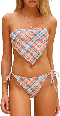 ZAFUL Women's Halter Tankini Swimsuits Bandeau Hanky Hem Tied Back Bikini Sets Cheeky Two Piece Bathing Suits in Saudi Arabia