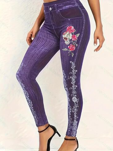Womens Elastic High Waisted Plus Size Pants Floral Print Workout Casual Leggings in Saudi Arabia