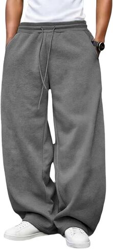 Men’s Baggy Sweatpants Fleece Wide Leg with Elastic Drawstring Waist, Casual Loose Lounge Joggers Black in Saudi Arabia