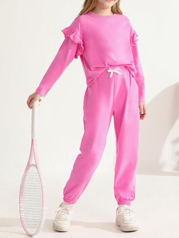 بدلة رياضية للفتيات من Valcatch مكونة من قطعتين سويت شيرت لطيف مكشكش وسراويل رياضية للأطفال طقم رياضي للركض ملابس الخريف والشتاء in Kuwait