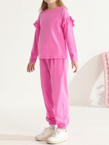 بدلة رياضية للفتيات من Valcatch مكونة من قطعتين سويت شيرت لطيف مكشكش وسراويل رياضية للأطفال طقم رياضي للركض ملابس الخريف والشتاء in Kuwait