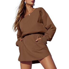 Fisoew Womens Long Sleeve Athletic Dress Backless Keyhole Built-in Shorts Oversized Workout Active Dresses Coffee in Kuwait