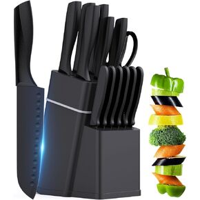 مجموعة سكاكين المطبخ مع كتلة - طقم سكاكين 15 قطعة مع مبراة مدمجة، آمنة للاستخدام في غسالة الأطباق، شفرات من الفولاذ المقاوم للصدأ سكاكين المطبخ in Kuwait