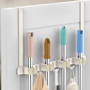 حامل مكنسة فوق الباب - ممسحة من الفولاذ المقاوم للصدأ 304 وحامل مكنسة مثبت على الحائط أو معلق على الباب بخطافات - شماعة مكنسة، منظم أدوات تخزين المكنسة لغسيل الخزانة - بيج فاتح in Kuwait