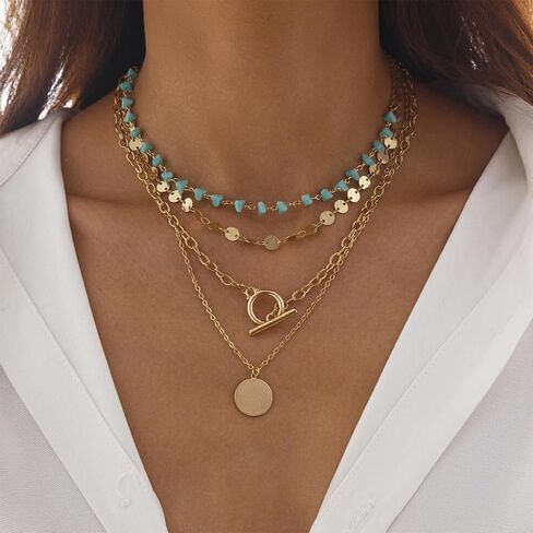 Boho Necklaces for Women Layered Sequin Beaded Choker Necklace Western Jewelry Boho Jewelry for Women Western Necklaces in Saudi Arabia