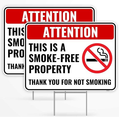 2PC Smoke Free Property Sign with Stakes, 12 Inches by 9 Inches - Corrugated Plastic - No Smoking Sign For Business Outdoor in Saudi Arabia