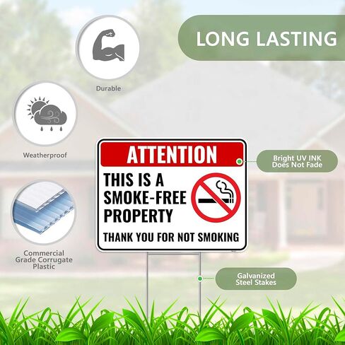 2PC Smoke Free Property Sign with Stakes, 12 Inches by 9 Inches - Corrugated Plastic - No Smoking Sign For Business Outdoor in Saudi Arabia