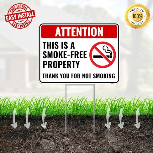 2PC Smoke Free Property Sign with Stakes, 12 Inches by 9 Inches - Corrugated Plastic - No Smoking Sign For Business Outdoor in Saudi Arabia