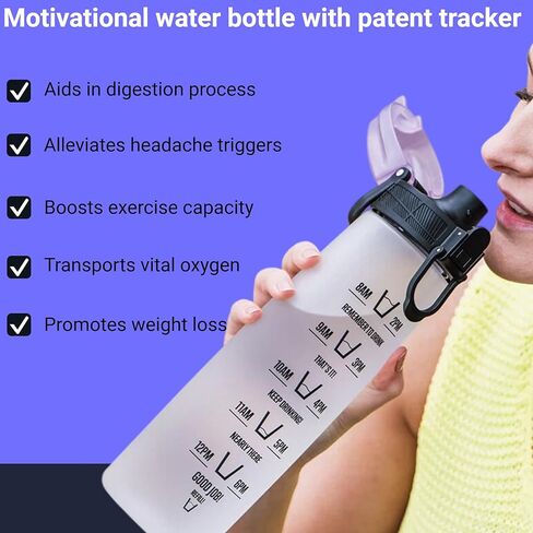 زجاجة مياه رياضية HYDRATEM8 سعة 32 أونصة مع علامة زمنية - غطاء مانع للتسرب قابل للقفل وخالي من تريتان BPA، زجاجة شرب تحفيزية ناعمة الملمس مع مقبض للصالة الرياضية والمشي لمسافات طويلة والمدرسة والمكتب والسفر (ليلك) in Kuwait