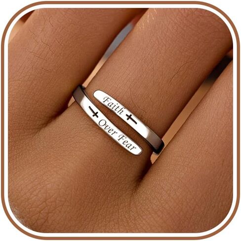 LOVECOM 925 Sterling Silver Faith Over Fear Cross Inspirational Rings for Women Daughter 14k Gold Plated Adjustable Tiny Purity Christian Wrap Ring Encouragement Ring Christmas Jewelry Gifts in Saudi Arabia