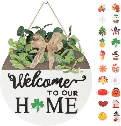 Pinkpum مزدوجة الجانبين قابلة للتبديل علامة ترحيب ديكور الباب الأمامي مع 20 أيقونة موسمية 2 في 1 أكاليل خشبية مستديرة هدايا منزل خارجي داخلي ديكورات منزلية جميع المواسم in Kuwait